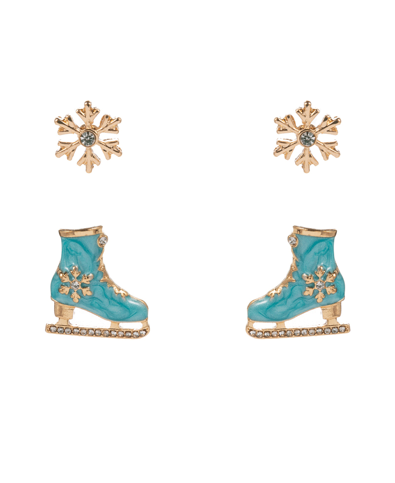 Snowflake & Enameled Ice Skate 2 Set Earring - 0.75"