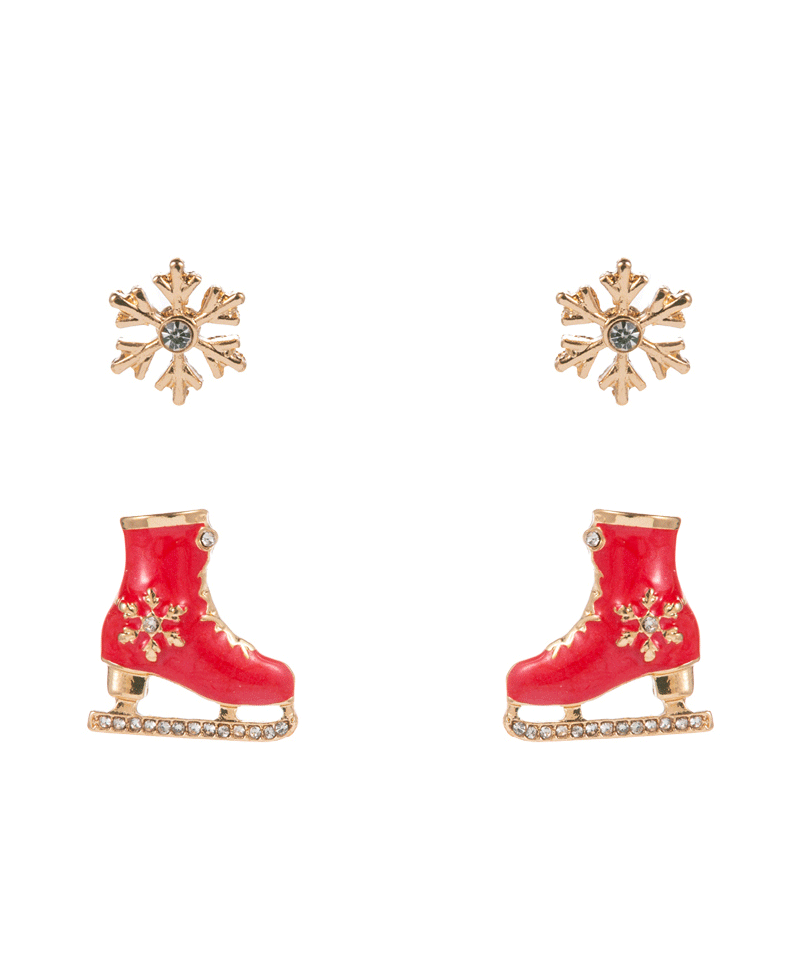 Snowflake & Enameled Ice Skate 2 Set Earring - 0.75"