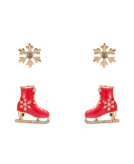 Snowflake & Enameled Ice Skate 2 Set Earring - 0.75"