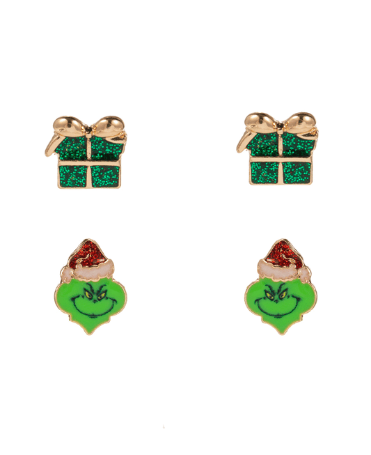 Gift Box & Green Monster 2 Set Earring - 0.75"