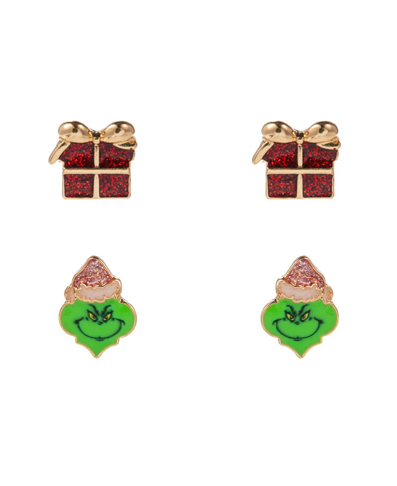 Gift Box & Green Monster 2 Set Earring - 0.75"