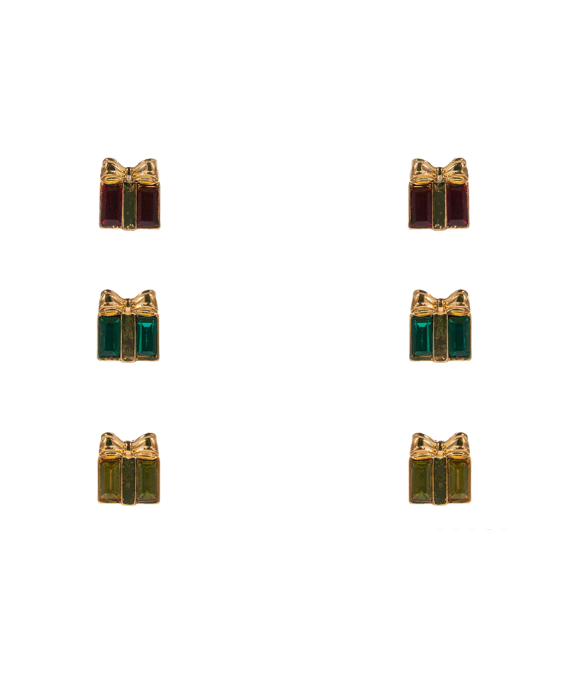 Christmas Colored Rhinestone Gift Box 3 Set Earring - 0.5"