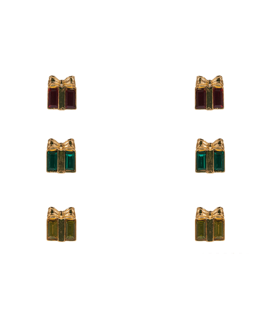 Christmas Colored Rhinestone Gift Box 3 Set Earring - 0.5"