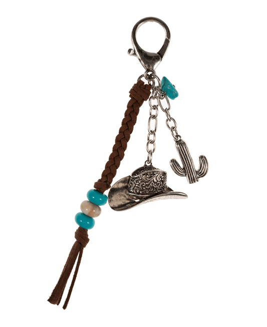 Western Metal Hat w/ Braided Suede Bag Charm & Key Chain