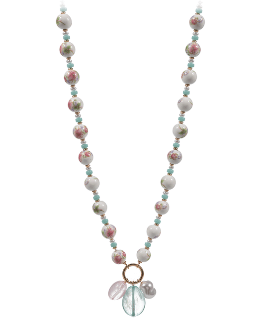 Ceramic Beads w/ Pearl & Resin Bead Charm Short Necklace - 18"