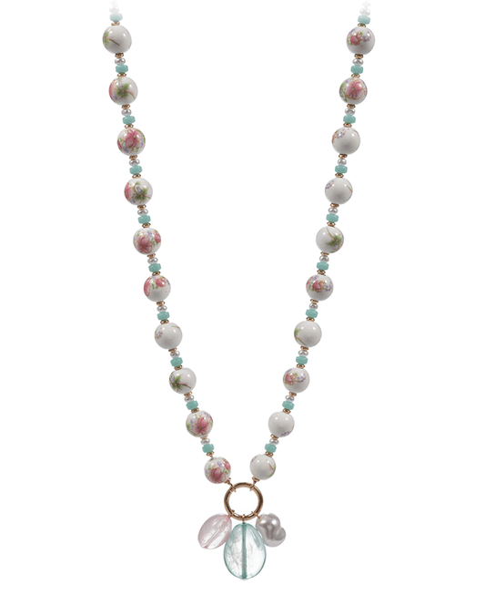 Ceramic Beads w/ Pearl & Resin Bead Charm Short Necklace - 18"