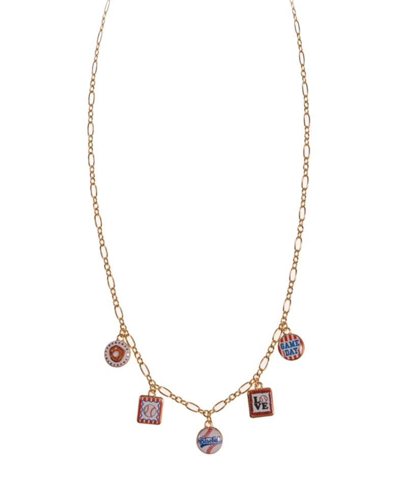 Baseball Themed Ceramic Like Printed Metal Charm Necklace - 18"