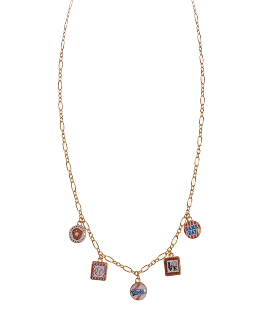 Baseball Themed Ceramic Like Printed Metal Charm Necklace - 18"