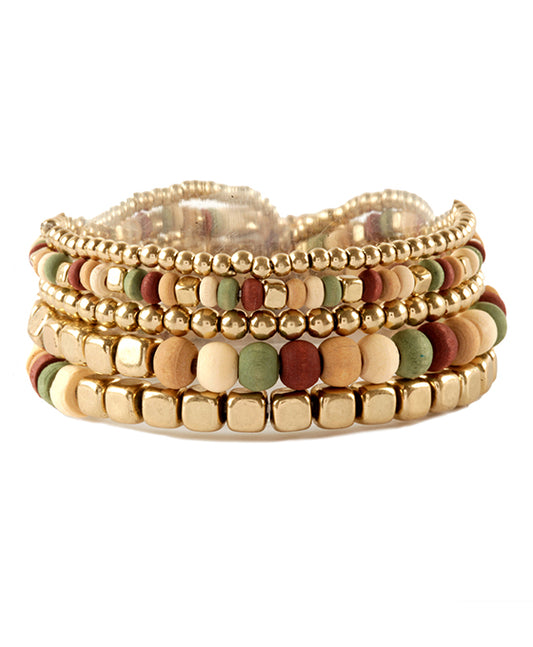Metal Nugget Wood Stackable Elastic Bracelet
