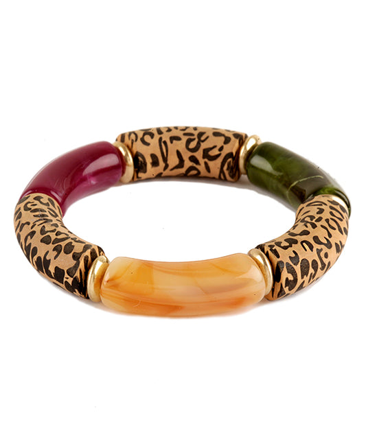 Acetate Pipe & Wood Imprinted Animal Print Elastic Bracelet