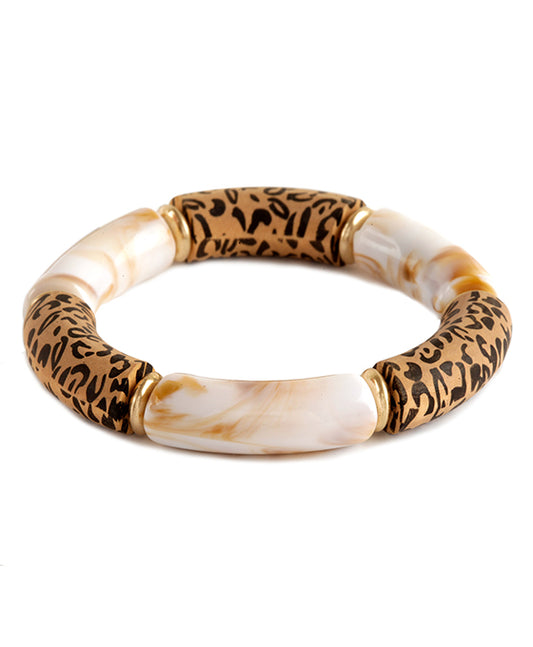 Acetate Pipe & Wood Imprinted Animal Print Elastic Bracelet