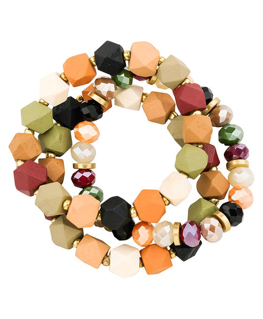 Glass & Wood 3-Strands Stretch Bracelet