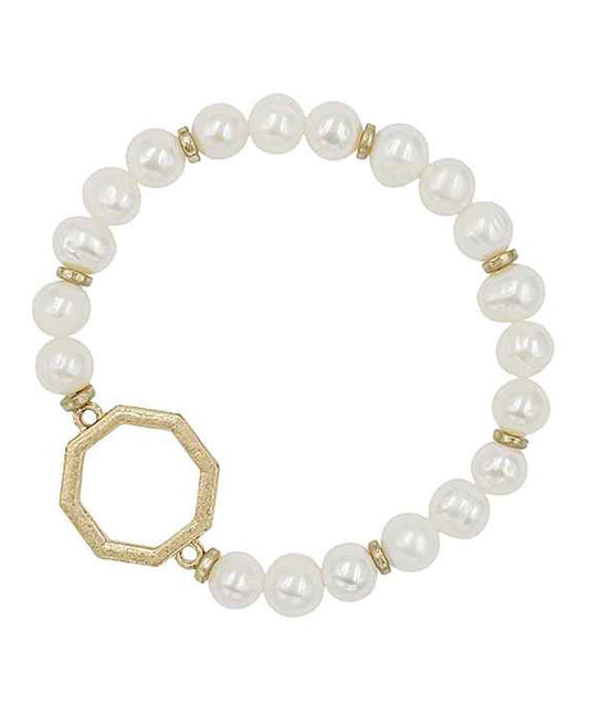 Fresh Water Pearl w/ Metal Octagon Bracelet