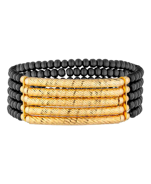 5 Set Wood & Metal Bar Stretch Bracelet