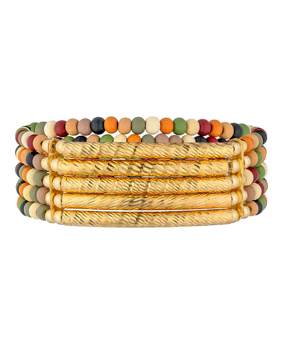 5 Set Wood & Metal Bar Stretch Bracelet