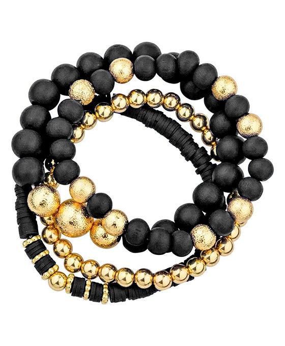 4 Set Wood & Rubber & Meta Stretch Bracelet