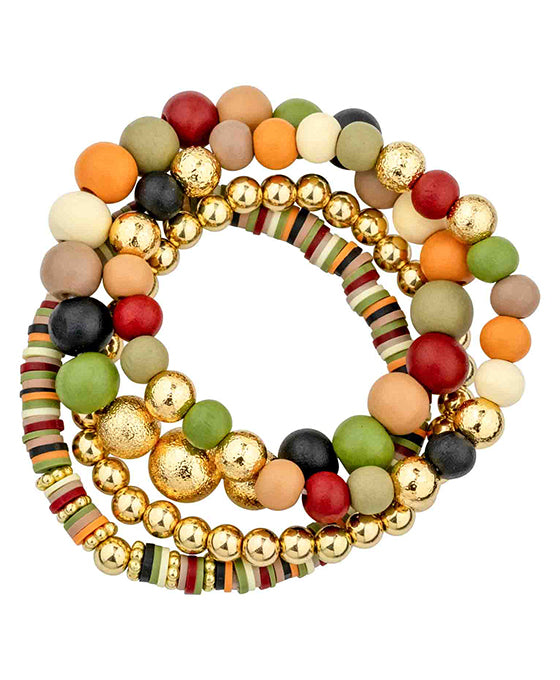 4 Set Wood & Rubber & Meta Stretch Bracelet