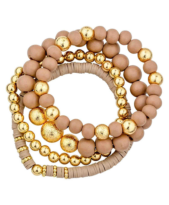 4 Set Wood & Rubber & Meta Stretch Bracelet