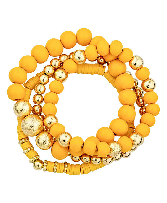 4 Set Wood & Rubber & Meta Stretch Bracelet
