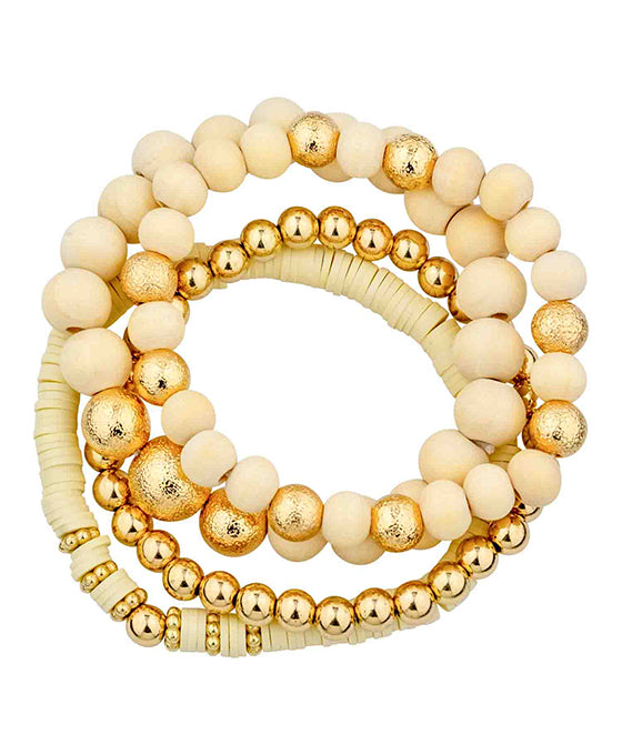 4 Set Wood & Rubber & Meta Stretch Bracelet