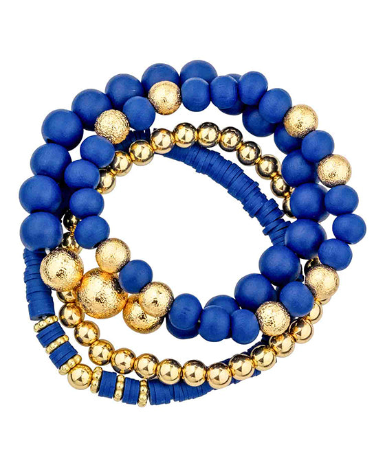 4 Set Wood & Rubber & Meta Stretch Bracelet