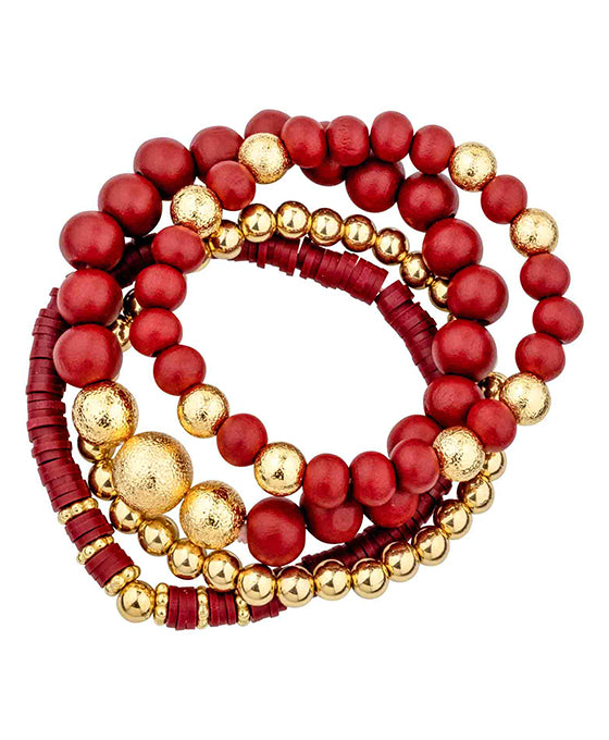 4 Set Wood & Rubber & Meta Stretch Bracelet