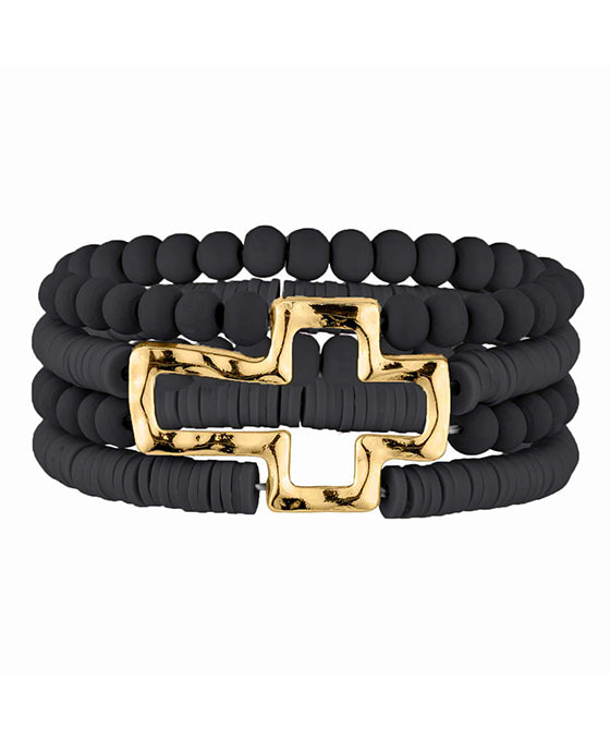 Metal Cross Wood & Rubber Bracelet