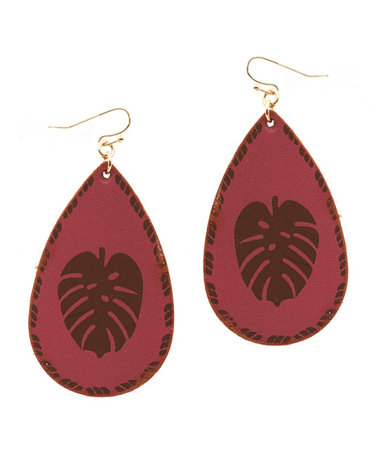 Leather Pattern Leaf Teardrop Earring