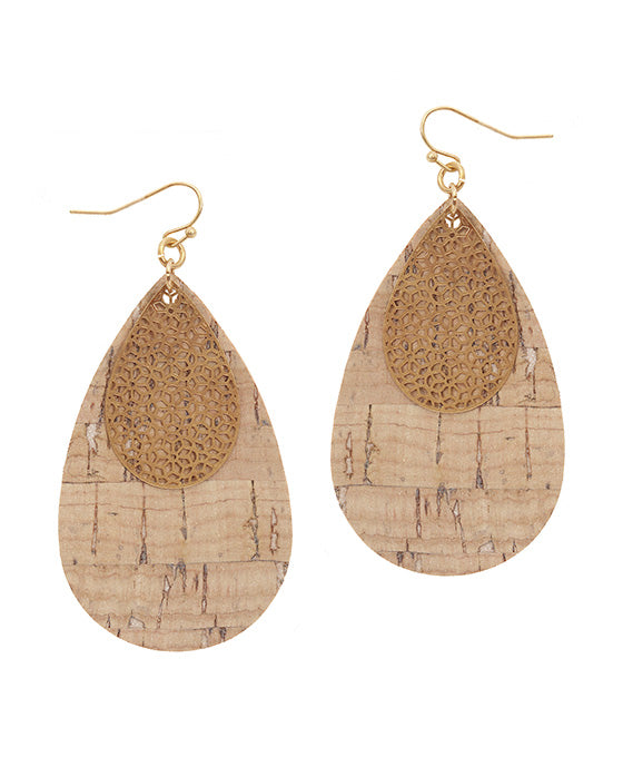 Metal & Cork Filigree Teardrop Earring