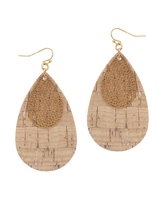 Metal & Cork Filigree Teardrop Earring