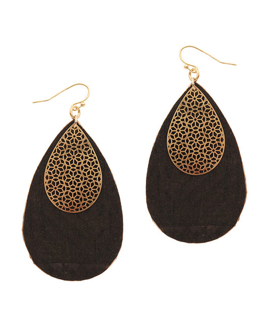 Metal & Cork Filigree Teardrop Earring