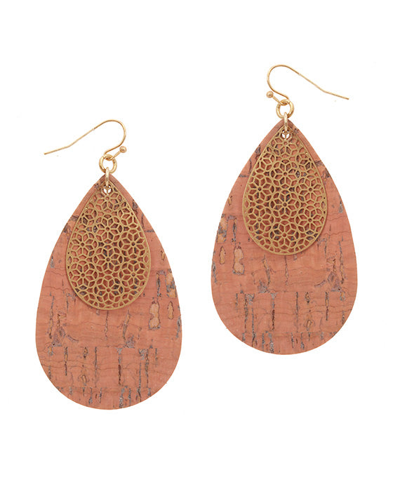 Metal & Cork Filigree Teardrop Earring