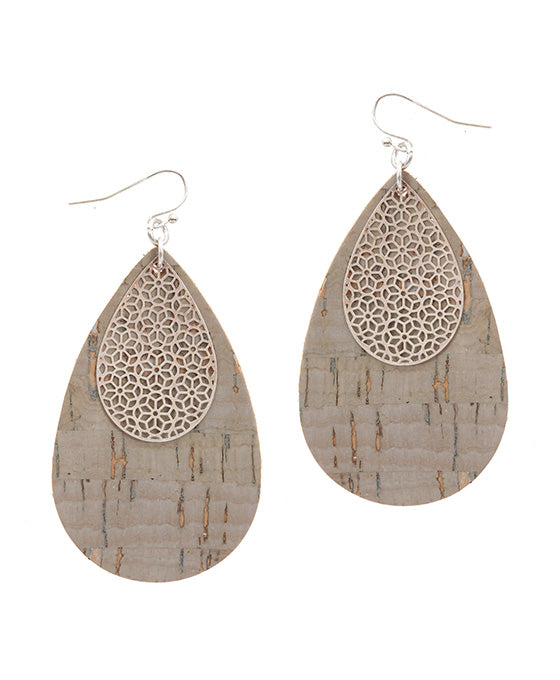 Metal & Cork Filigree Teardrop Earring