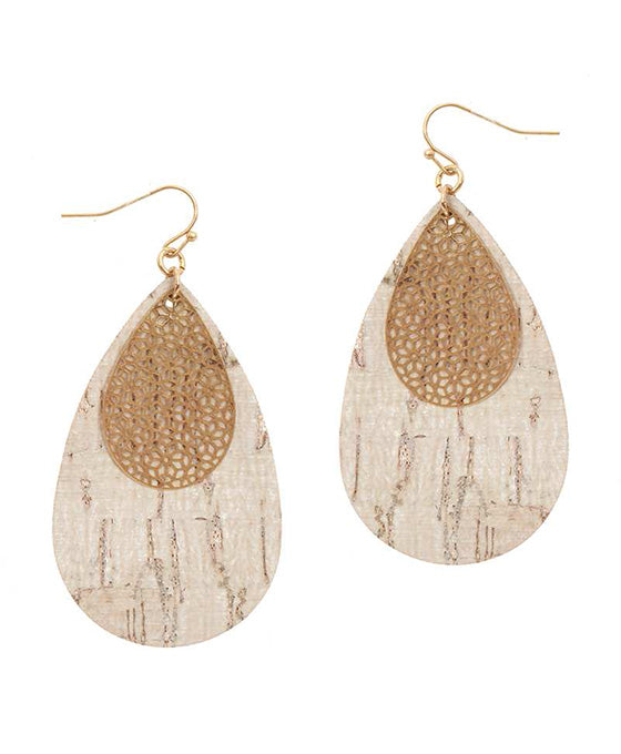 Metal & Cork Filigree Teardrop Earring