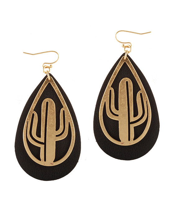 Leather & Open Cut Metal Cactus Earring