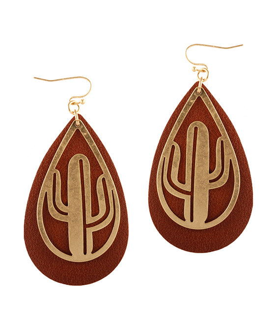 Leather & Open Cut Metal Cactus Earring