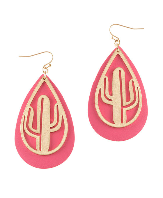 Leather & Open Cut Metal Cactus Earring