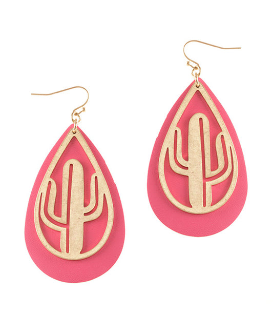 Leather & Open Cut Metal Cactus Earring