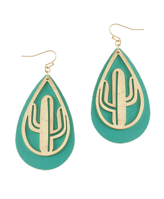 Leather & Open Cut Metal Cactus Earring