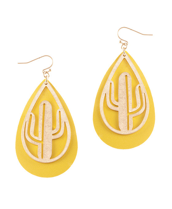 Leather & Open Cut Metal Cactus Earring