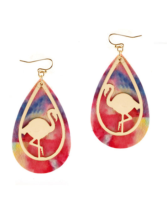 Leather Tiedye Flamingo Earring