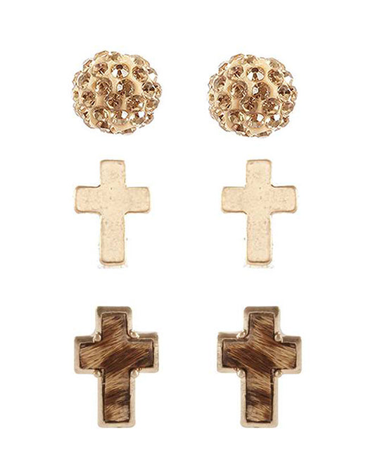 Cowhide 3 Pair Paveball & Cross Post Earring