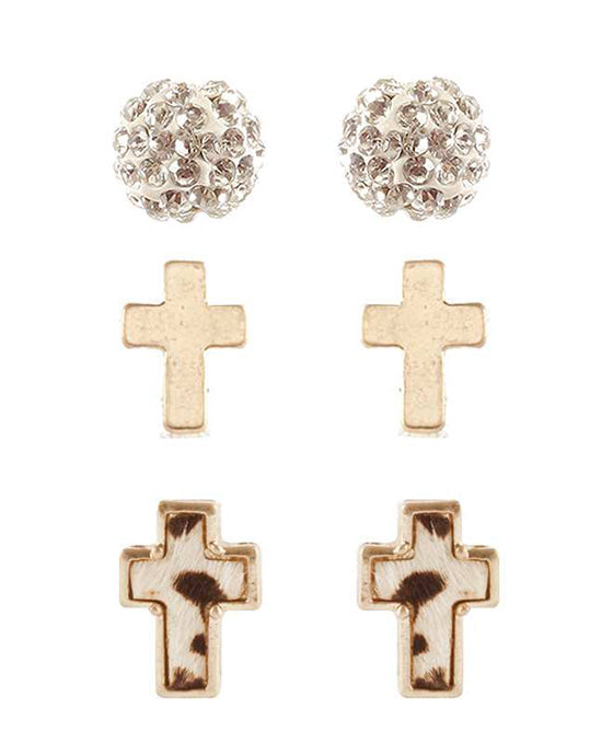 Cowhide 3 Pair Paveball & Cross Post Earring