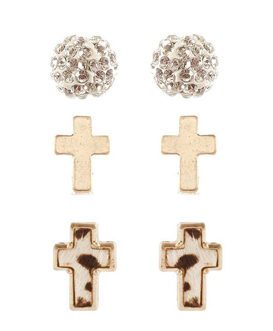 Cowhide 3 Pair Paveball & Cross Post Earring