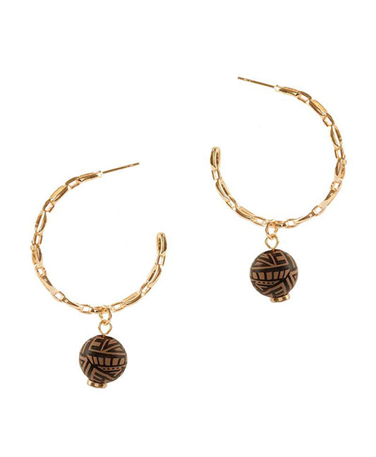 Wood Aztec Link Hoop Earring