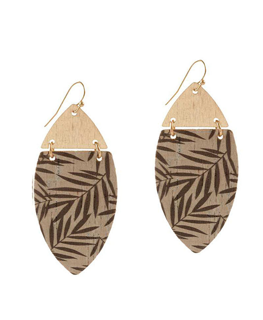 Metal & Cork Print Leaf Earring