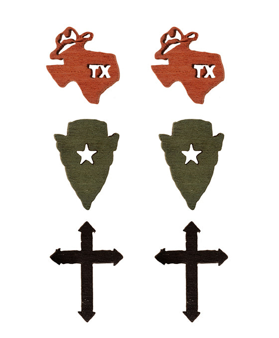 Texas Wood 3 Pair Earring