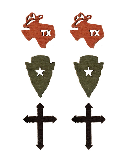 Texas Wood 3 Pair Earring