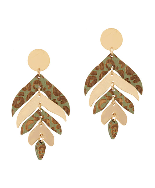 Metal & Wood Imprinted Animal Print Leaf Earring
