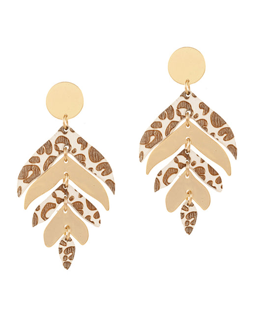 Metal & Wood Imprinted Animal Print Leaf Earring